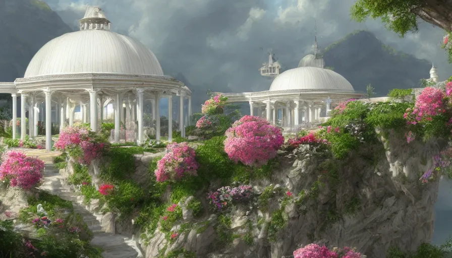 Prompt: Digital painting of a white palace with a glass dome on the roof, a veranda with flowers, a large parking lot, vuilt on the side of a flowery mountain hyperdetailed, artstation, cgsociety, 8k