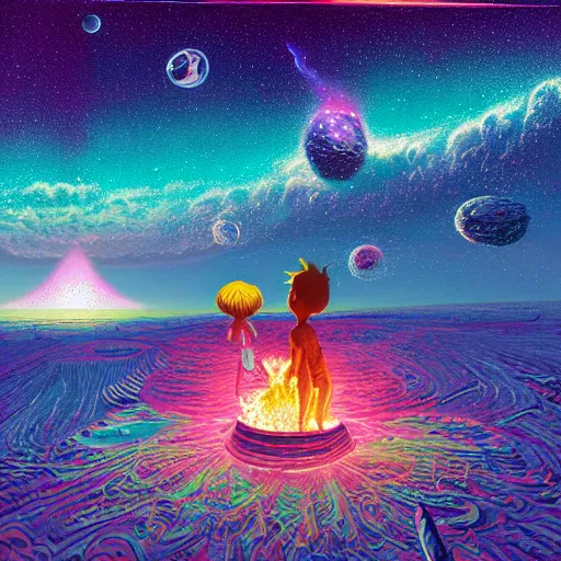 Prompt: ultradetailed matte painting of serene milky way and exploding nebulas with nebullae made out of flaming in shore by beeple, alex grey, charles schulz, dr. seuss, roberto da matta and rhads, featured on artstation