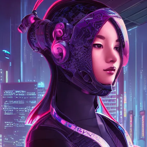 Image similar to portrait futuristic Cyber Ninja Girl, in future cyberpunk tokyo rooftop , ssci-fi, fantasy, intricate, very very beautiful, elegant, neon light, highly detailed, digital painting, artstation, concept art, smooth, sharp focus, illustration, art by alphonse mucha and tian zi and WLOP