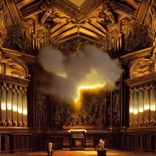 Image similar to pipe organ intricately carved from dark smoke, high detail baroque oil painting, golden ratio, volumetric light, godrays, alan lee, caravaggio, michelangelo