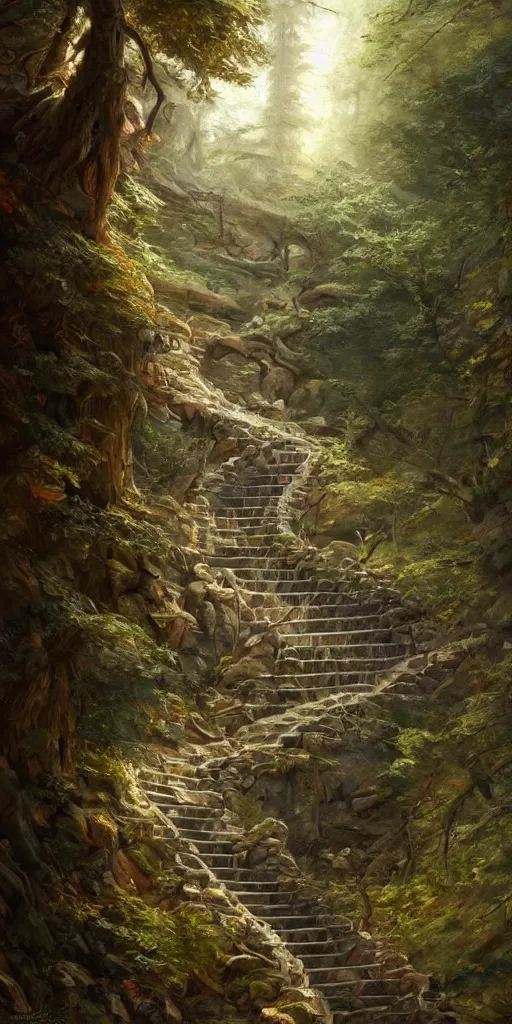 Image similar to a man walking up a steep and winding staircase, in beautiful woods, intricate, elegant, highly detailed, oil painting, artstation, concept art, sharp focus, beautiful illustration, society, by justin gerard and artgerm, 4 k