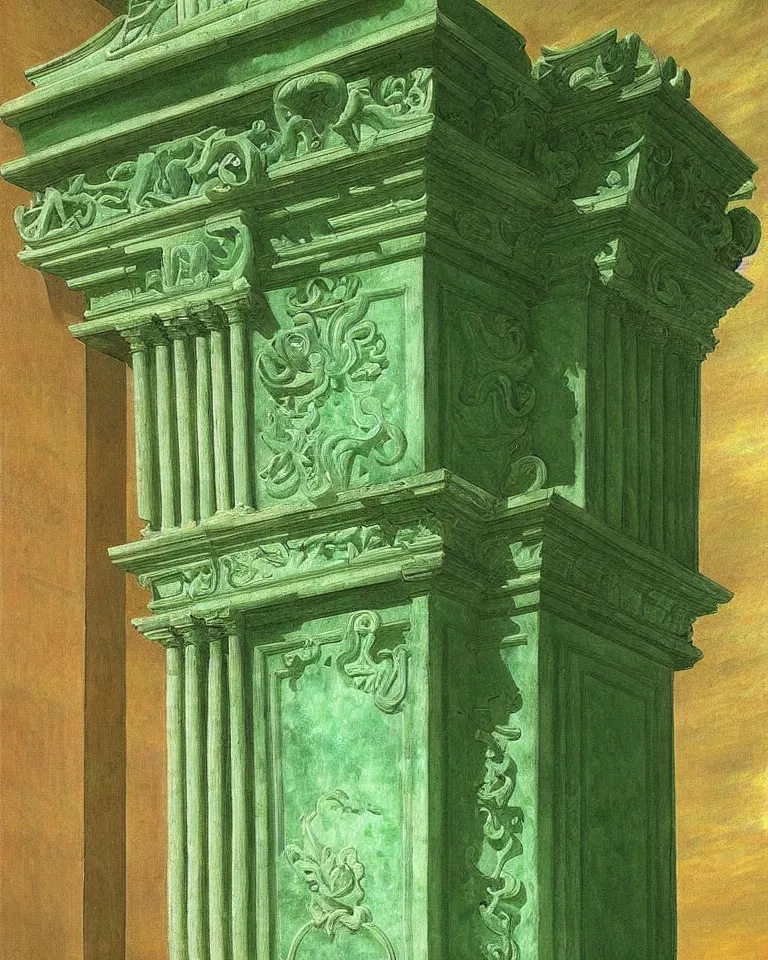 Image similar to achingly beautiful painting of intricate ancient roman corinthian capital on jade background by rene magritte, monet, and turner. giovanni battista piranesi.