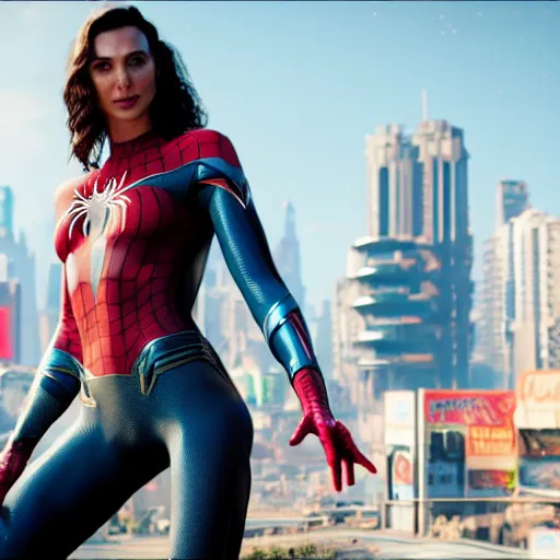 Prompt: a film portrait still of gal gadot as spider - man from cyberpunk 2 0 7 7 unreal engine. realism, cinematic lighting, highly detailed spider - man, 4 k. 8 mm. grainy. panavision.