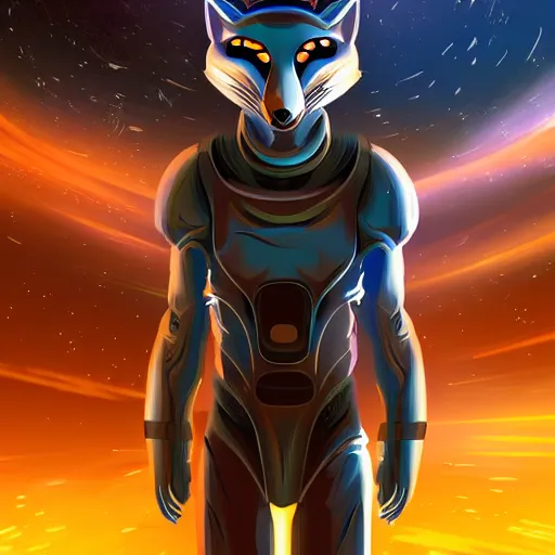 Prompt: a space fox, portrait, sci fi style, modern look, digital art, traveling through time and space, expressive lighting, aura, beautiful