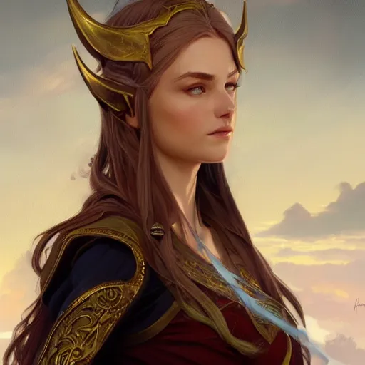Image similar to full portrait of a beautiful high elf , D&D, fantasy, intricate, cinematic lighting, highly detailed, digital painting, artstation, concept art, smooth, sharp focus, illustration, art by Terry Moore and Greg Rutkowski and Alphonse Mucha