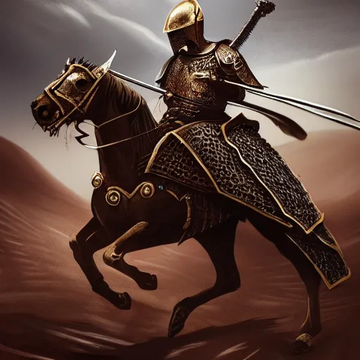 Prompt: the king in the desert, Medieval Warrior fighting in a dark scene, detailed scene, Armour and Crown, highly detailed, blood and dust in the air, action scene, cinematic lighting, dramatic lighting, trending on artstation, elegant, intricate, character design, motion and action and tragedy, fantasy, D&D, highly detailed, digital painting, concept art