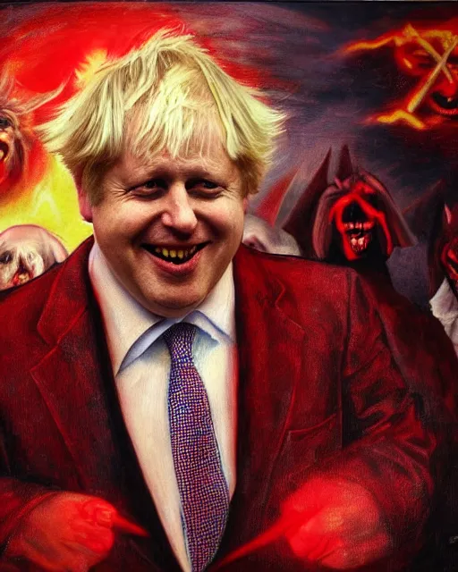 Image similar to dark fantasy painting of uk politician former prime minister boris johnson wearing a suit of red dancing smiling in the fiery pits of hell, smiling and having fun with demons, satanic imagery, pagan, satanic symbolism, 4 k detail