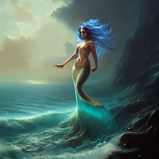 Prompt: mystical mermaid goddess of the sea rising up from the deep blue waves, oil painting by Greg Rutkowski and Charlie Bowater and Artgerm, unreal 5, DAZ, trending on artstation, dynamic lighting, misty, ocean, blue theme