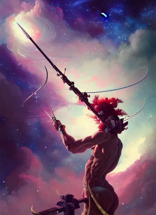 Prompt: sagittarius the bow!!!! highly detailed, high contrast, light reflection, trippy, nebula, trending on art station by artgem, by peter mohrbacher, by wlop, by ruan jia