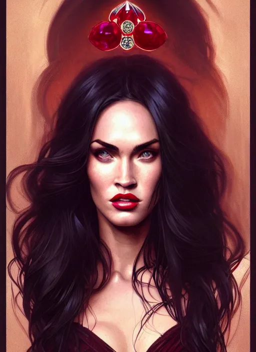 Image similar to portrait of megan fox as a vampire queen, jewelry, greek, ruby, intricate, headshot, highly detailed, digital painting, artstation, concept art, sharp focus, cinematic lighting, illustration, art by artgerm and greg rutkowski, alphonse mucha, cgsociety