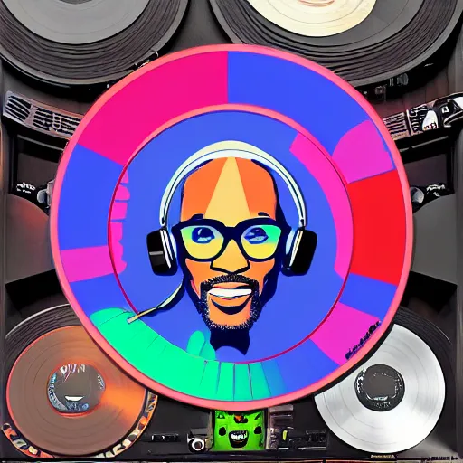 Image similar to svg sticker of a Dancing-Ben-Harper-Snoop-Spike-Lee-with-a-large-Afro-Puff, at a rave, spinning records, giant headphones rocking out, wearing headphones, huge speakers, dancing, rave, DJ, spinning records, digital art, amazing composition, rule-of-thirds, award-winning, trending on artstation, featured on deviantart