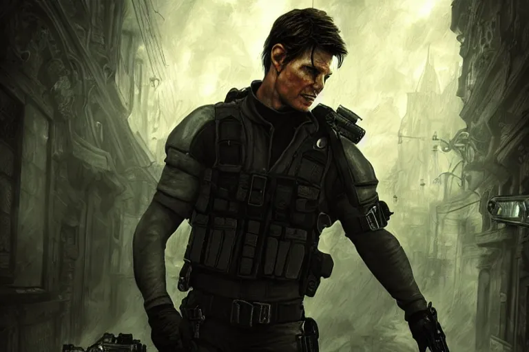 Image similar to a gaming screenshot still portrait of tom cruise in resident evil, deep focus, d & d, fantasy, intricate, elegant, highly detailed, digital painting, artstation, concept art, matte, sharp focus, illustration, dark fantasy style art, hearthstone, art by artgerm and greg rutkowski and alphonse mucha