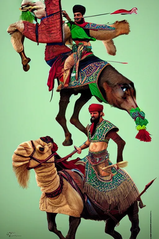 Prompt: arabian warrior, ride camel he use green turf and flag, realistic, sketch and art by jacqueline e, color by bo feng lin