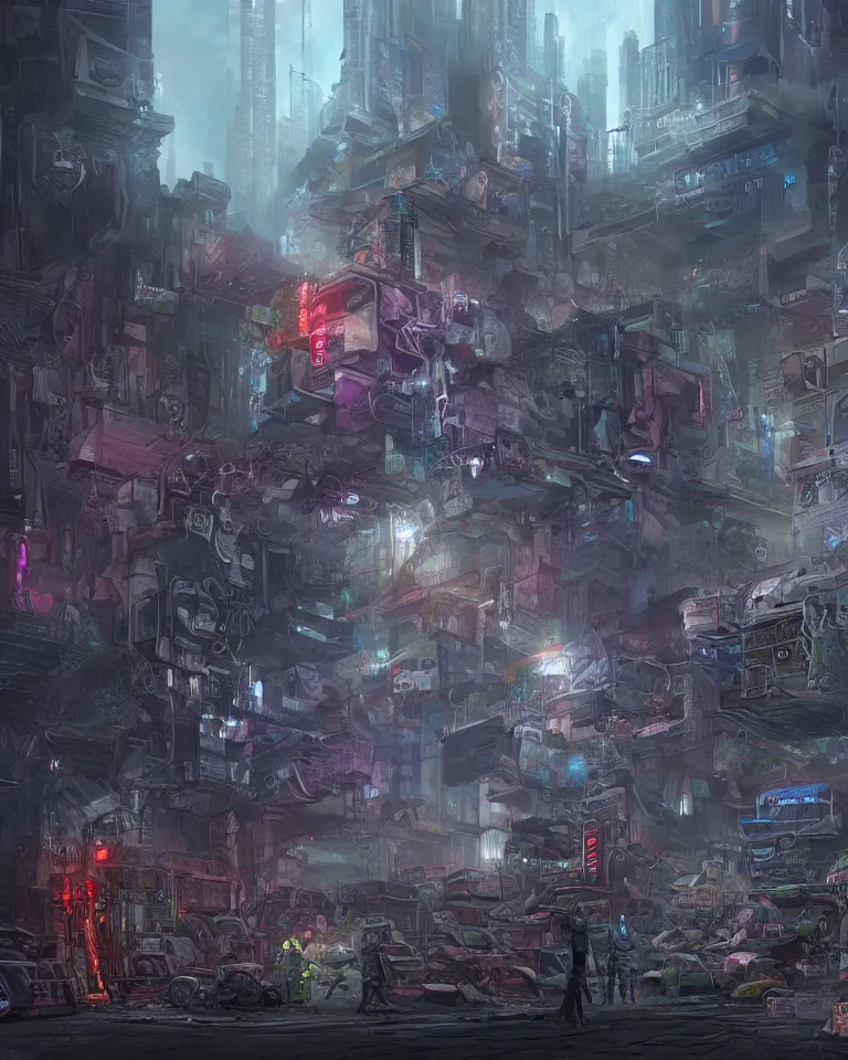 Image similar to a matte painting of a cybernetic junkyard ghost, cyberpunk, shadowrun, in the style of brom