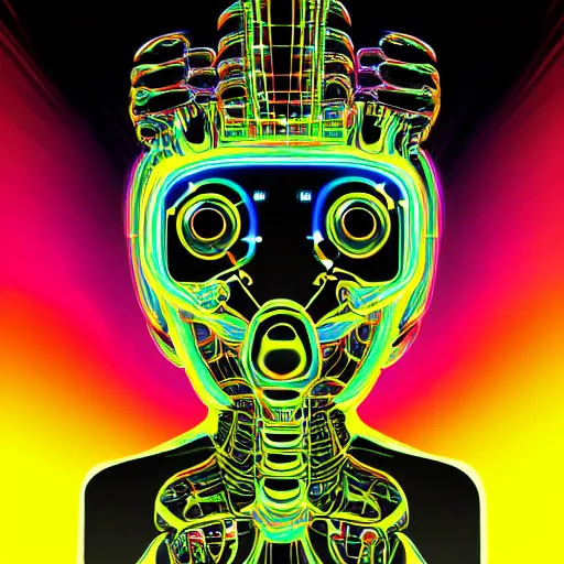 Image similar to black tshirt with a hyperdetailed portrait of a futuristic trippy atompunk meditating robot, 8 k, symetrical, flourescent colors, halluzinogenic, multicolored,