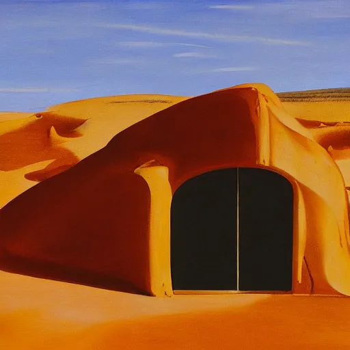 Prompt: a surrealist painting of a melting lava stone building with wooden doors and a glass window. on a hill in the spanish sahara in the scorching sun, in the style of hopper