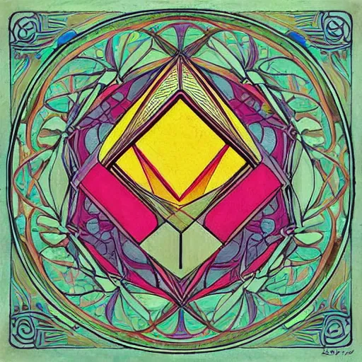 Prompt: beautiful painting of companion cube, art nouveau. gaudy colors. intricate linework. sharp edges.