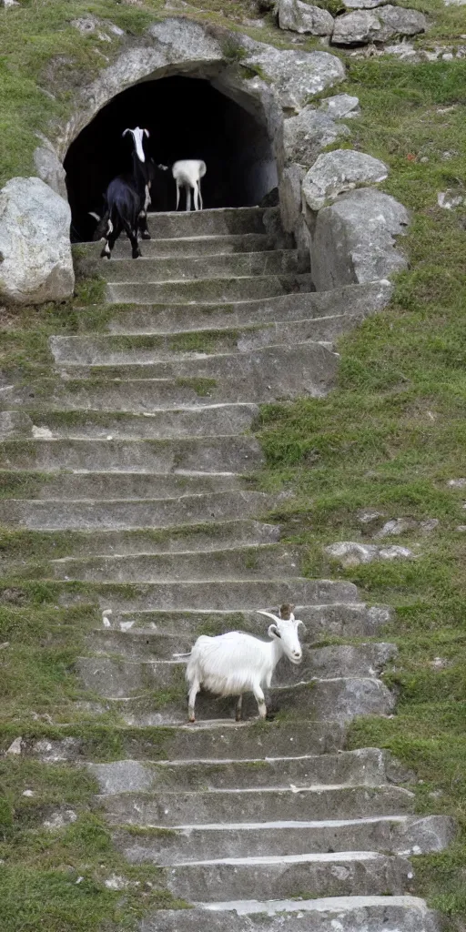 Prompt: goat climbing circular stairs