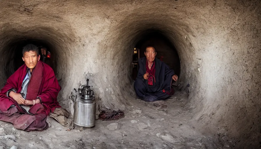 Image similar to a tibetan man in a dirty barque in a tiny tunnel, leica sl 2