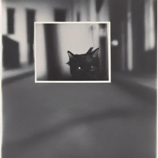 Prompt: wide - shot low - angle ant's eye view, sharp shadow!! of a cat!! only shadow on the wall in the street, polaroid photo, by andy warhol