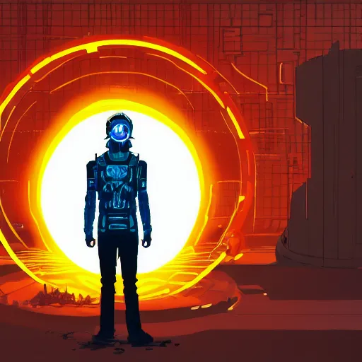 Image similar to in the style of max prentis and deathburger and laurie greasley a young man wearing a cyberpunk headpiece who is standing in front of a large circular ancient glowing portal, highly detailed, 8 k wallpaper