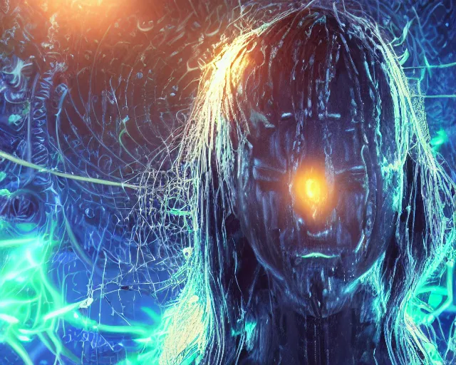 Image similar to glowing hair, complex cybernetic beings, beautiful hairy humanoids, cybermagnetosphere, cybernetic civilizations, ornate hair, love, joy, vortexes, large arrays, data holograms, 8 k, cinematic light shadows, wet hdr refractions, *, * * *, * * * * *