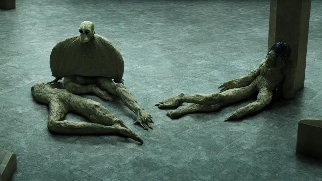 Image similar to the strange creature in court, made of stone and water, film still from the movie directed by Denis Villeneuve with art direction by Salvador Dalí,