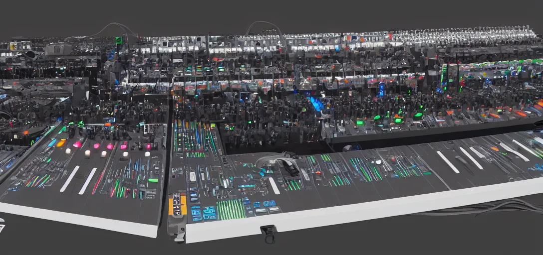 Prompt: a synthesizer in cassette futurism, added modeled around the keyboard, tactile buttons and lights, a large patch bay with hanging colored patch leads, surrounded by speakers and cabinets, roland, moog hd, 8 k, artstation, ultra detailed, high definition