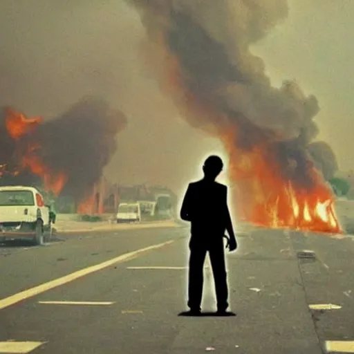 Image similar to the city is burning and fire is everywhere just a man was standing alone crying while world is getting destroyed detailed picture