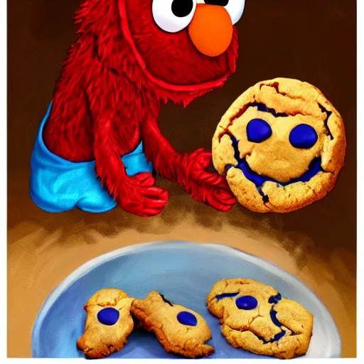 Image similar to elmo eating a cookie in hell, digital art, oil painting, 3 d,