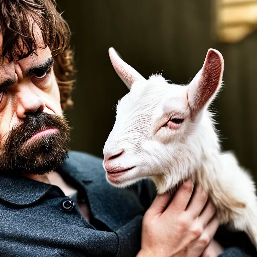 Image similar to peter dinklage holding a baby goat, ( sony a 7 r iv, symmetric balance, polarizing filter, photolab, lightroom, 4 k, dolby vision, photography awardm, voque, perfect face )