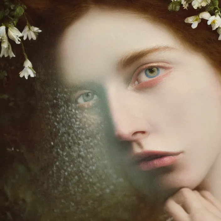 Image similar to Kodak Portra 400, 8K,ARTSTATION, Caroline Gariba, soft light, volumetric lighting, highly detailed, britt marling style 3/4 , extreme Close-up portrait photography of a beautiful woman how pre-Raphaelites,inspired by Ophelia paint, the face emerges from water of Pamukkale, hair are intricate with highly detailed realistic beautiful flowers , Realistic, Refined, Highly Detailed, interstellar outdoor soft pastel lighting colors scheme, outdoor fine art photography, Hyper realistic, photo realistic