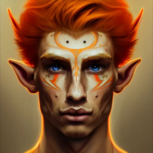 Image similar to portrait painting of an elven eladrin young man with short light orange hair and freckles and tribal tattoos on his cheekbones, sharp focus, award - winning, trending on artstation, masterpiece, highly detailed, intricate. art by merwild and ernesto irawan and rachel denton