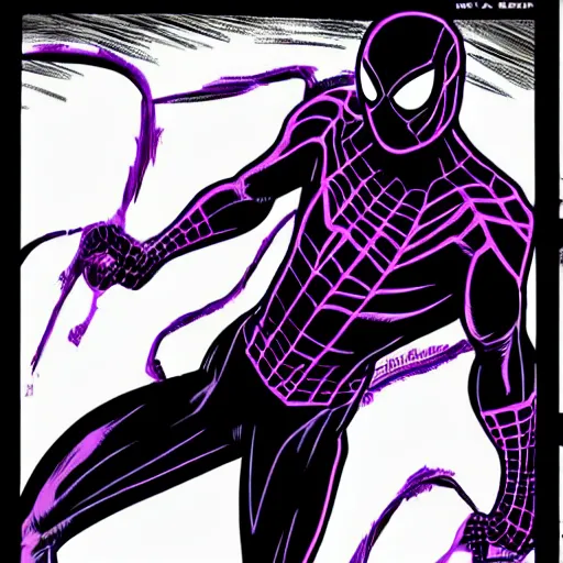 Image similar to black and purple spiderman drawn in comic book art style by steve ditko, 4 k digital art