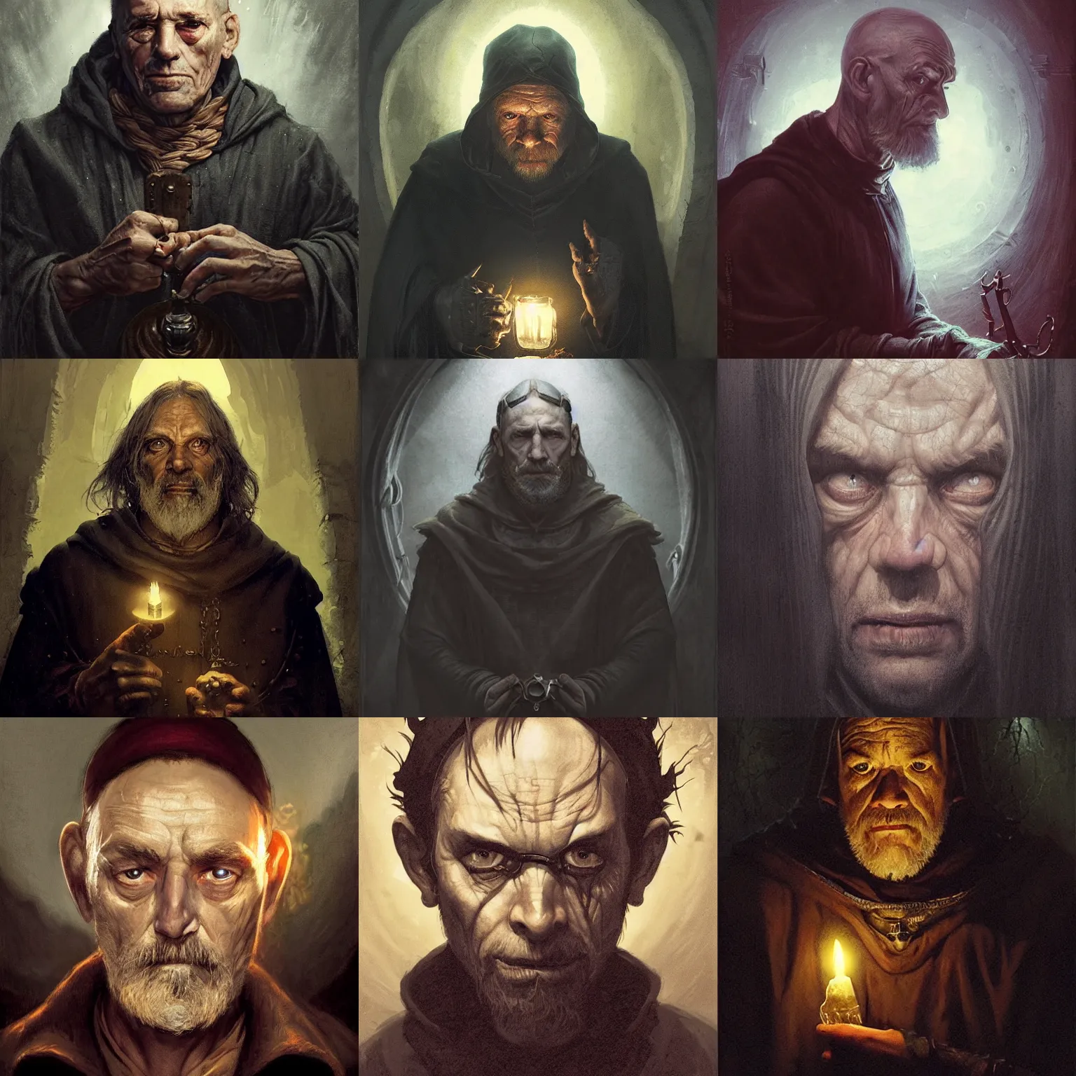 Prompt: portrait of an old, melancholic medieval alchemist in the dark, he is looking into the camera as a warning. chiaroscuro lighting, fantasy, detailed, photorealistic portrait by michael komarck, greg rutkowski, victo ngai, artgerm and j. dickenson