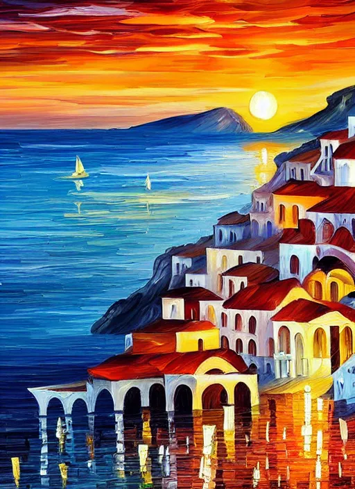 Image similar to beautiful seaside greek village at sunset in the style of leonid afremov