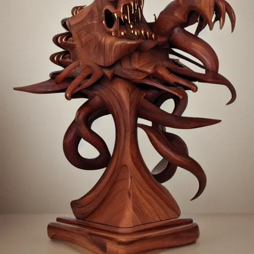 Image similar to wooden sculpture of cthulhu attacking a spaceship, polished maple, thoughtful, elegant, real