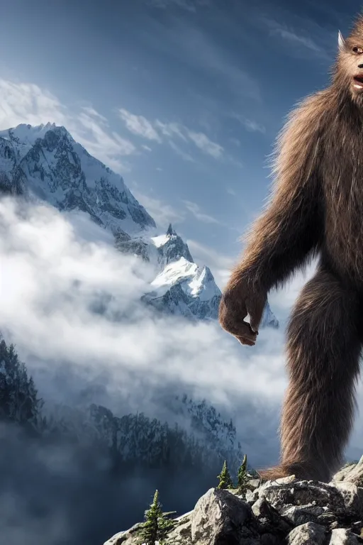 Prompt: a hyper detailed photo of a realistic sasquatch leading you across a summit of a beautiful mountain range, above the clouds, photorealistic, unreal engine 5, 8 k post production, cinematographic, rule of thirds, ray tracing, v - ray, octane render, go pro, redbull, wlop, artstation trending