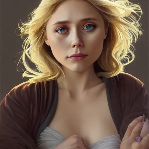 Image similar to Young blonde elizabeth olsen, highly detailed, digital painting, artstation, concept art, smooth, sharp focus, illustration, ArtStation, art by artgerm and greg rutkowski and alphonse mucha and J. C. Leyendecker and Edmund Blair Leighton and Katsuhiro Otomo and Geof Darrow and Phil hale and Ashley wood and Ilya repin and Charlie Bowater