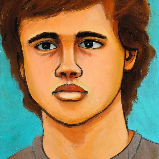 Image similar to a head - on portrait of a 2 0 - something engineering student, brown messy hair, by laurie greasly