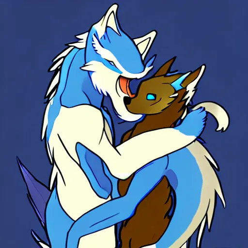 Prompt: an anthropomorphic male blue dragon hugging his anthropomorphic wolf husband, furry, trending on furaffinity, artstation, cute, high quality