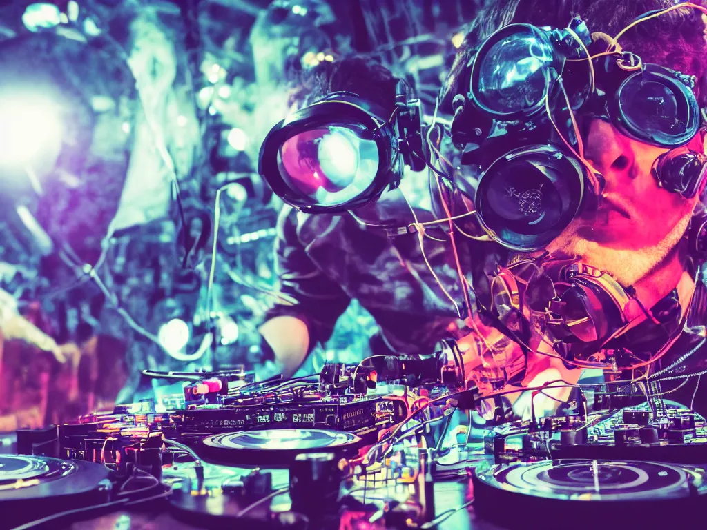 Image similar to a person wearing goggles and visor and headphones using a steampunk record player contraption, wires and tubes, turntablism dj scratching, intricate planetary gears, cinematic, imax, sharp focus, leds, bokeh, iridescent, black light, fog machine, hazy, lasers, hyper color digital art, cyberpunk