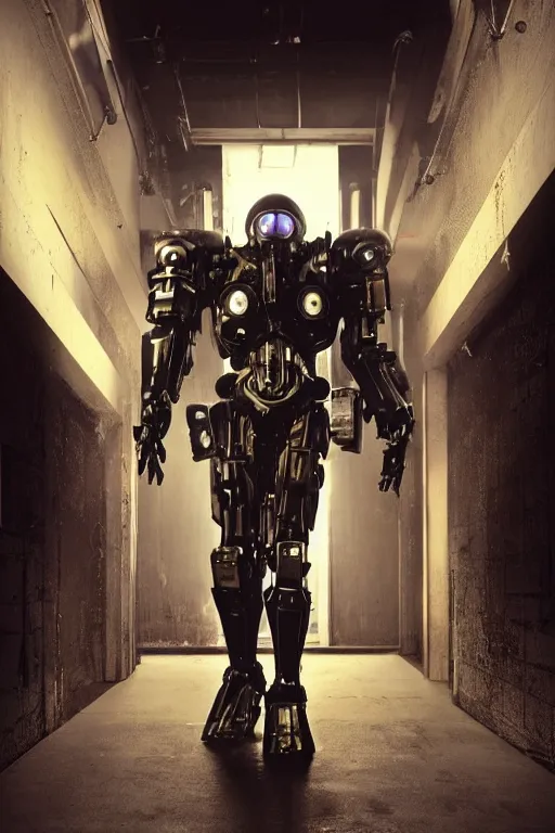 Prompt: humanoid alien wearing glossy black armor shiny big cumbersome mecha mech armor, yellow eyes respirator dramatic harsh lighting, still from real steel (2011). Dark intimidating cyberpunk style of Roger Deakins Jeremy Saulnier Newton Thomas Sigel Robert Elswit Greig Fraser trending dark hallway rtx on ue4 35mm Kodak Vision 2383 gritty atmospheric