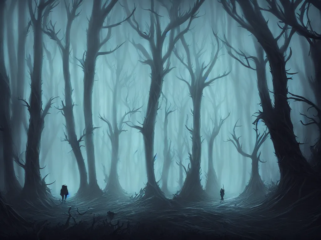 Image similar to fantasy haunted dark forest, foggy, detailed, digital art, a dark forest with adventurers surrounded by evil spirits that lurk in the shadows, by Anato Finnstark, artstation