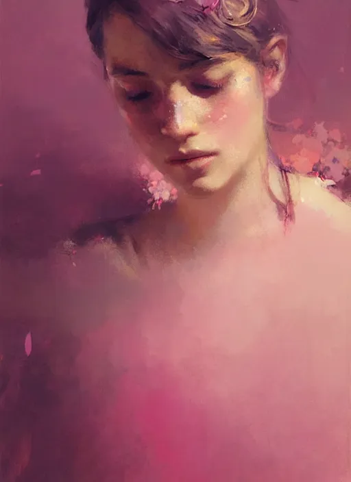 Image similar to portrait of a beautiful girl, eyes closed, shades of pink, beautiful face, rule of thirds, intricate outfit, spotlight, by greg rutkowski, by jeremy mann, digital painting