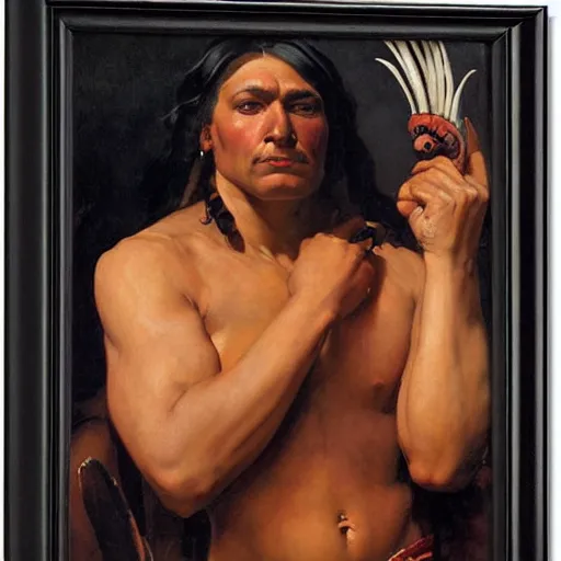 Image similar to portrait of a muscular native american god with the head of a buffalo, by j. c. leyendecker, tamara de lempicka, bouguereau, rockwell