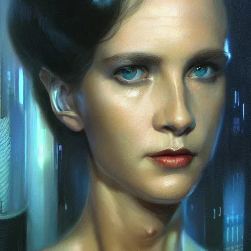 Prompt: an portrait of an happy female replicant from blade runner, detailed, centered, digital painting, artstation, concept art, donato giancola, Joseph Christian Leyendecker, WLOP, Boris Vallejo, Breathtaking, 8k resolution, extremely detailed, beautiful, establishing shot, artistic, hyperrealistic, beautiful face, octane render