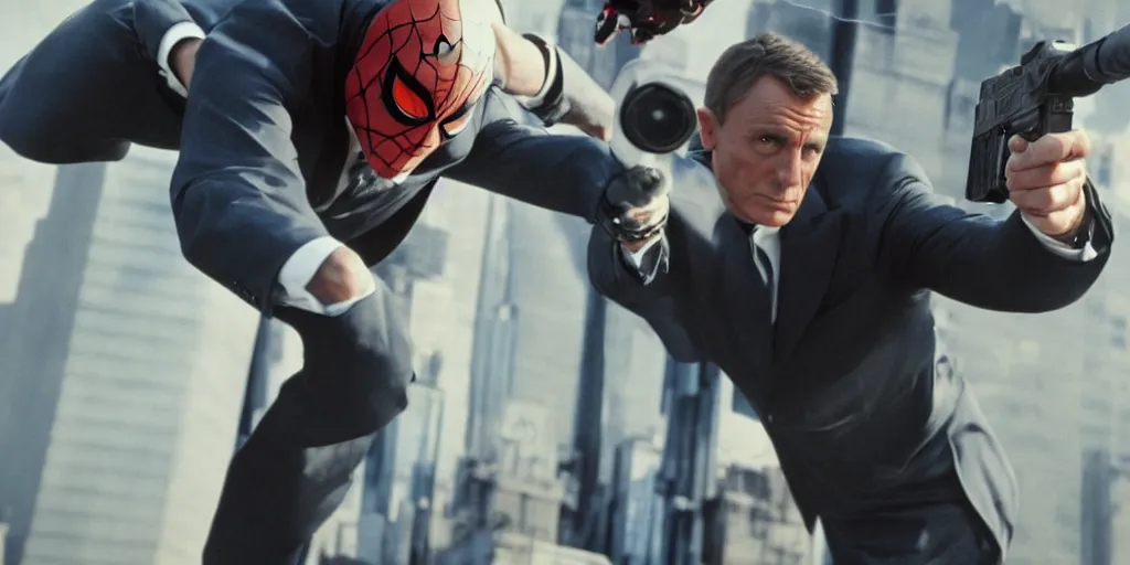 Prompt: James Bond wearing a Spiderman suit, while pointing a gun that emits a sticky liquid, high detail, high definition, high resolution, 8k.