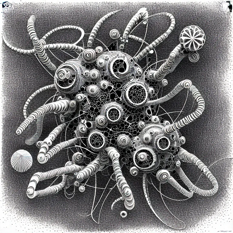 Image similar to a black and white drawing of a variety of sea life and filled with gundam mech equipment space station, a microscopic photo by ernst haeckel, zbrush central, kinetic pointillism, bioluminescence, biomechanical, intricate patterns, photoillustration