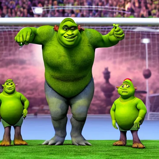 Image similar to shrek!! imposing stature in the center of a football match